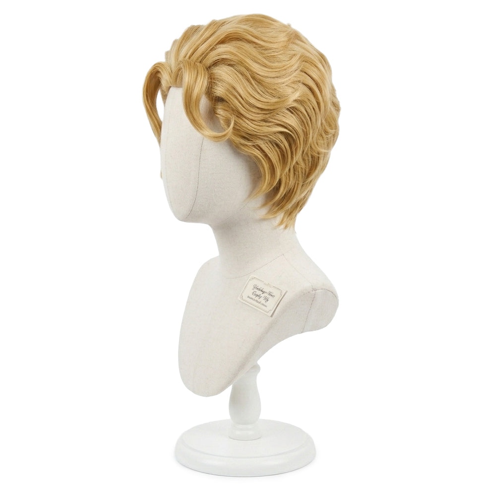 Yoshikage Kira blonde wig on a white mannequin head against a white background