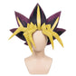 Front view of Yugi Mutou cosplay wig showing multi-layered blonde fringe and black spikes with magenta edges