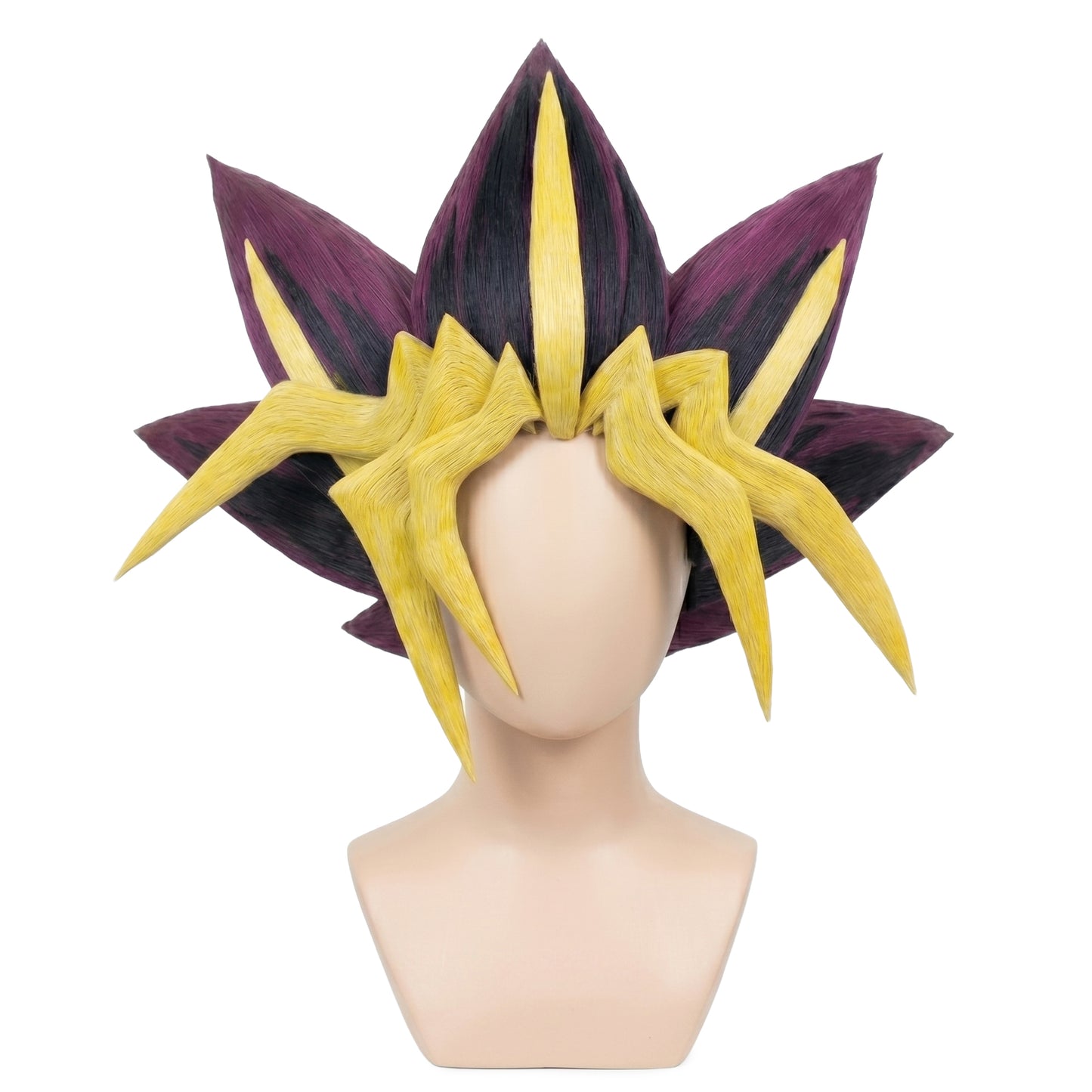 Front view of Yugi Mutou cosplay wig showing multi-layered blonde fringe and black spikes with magenta edges