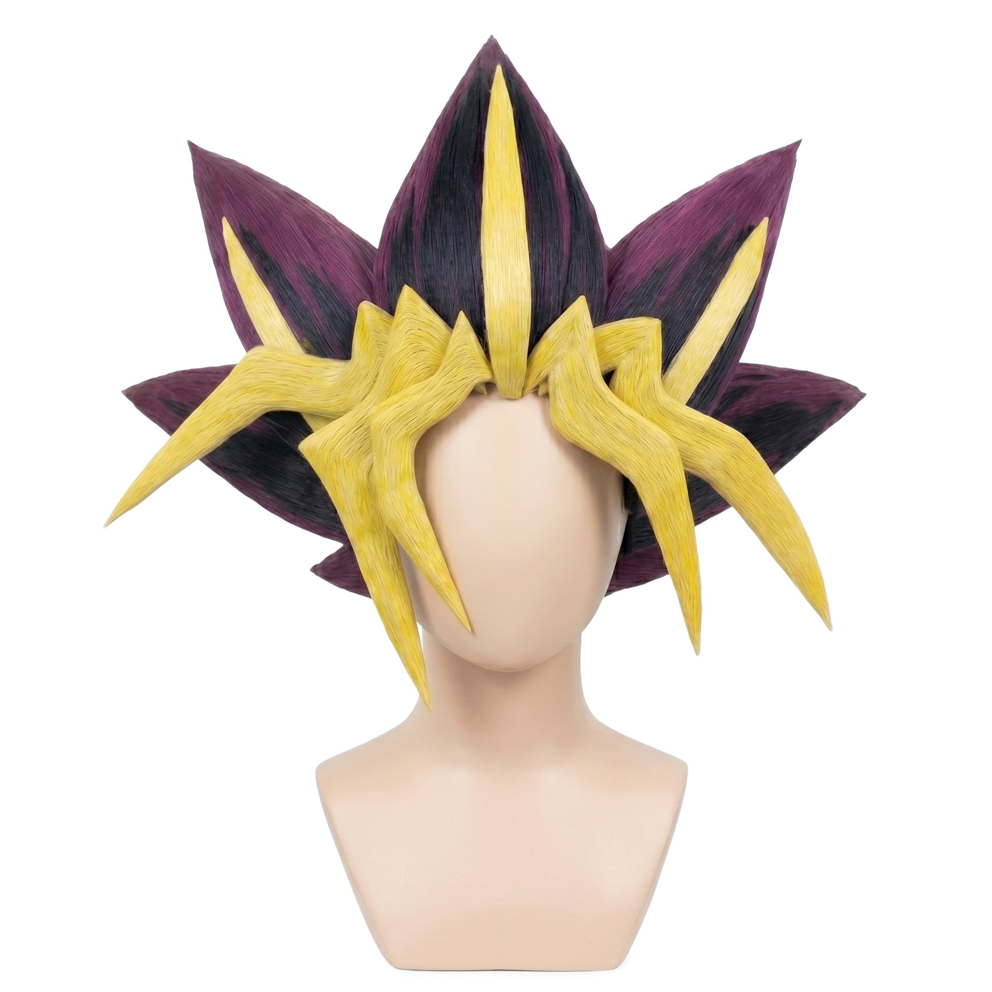 Front view of Yugi Mutou cosplay wig showing multi-layered blonde fringe and black spikes with magenta edges