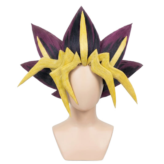 Front view of Yugi Mutou cosplay wig showing multi-layered blonde fringe and black spikes with magenta edges