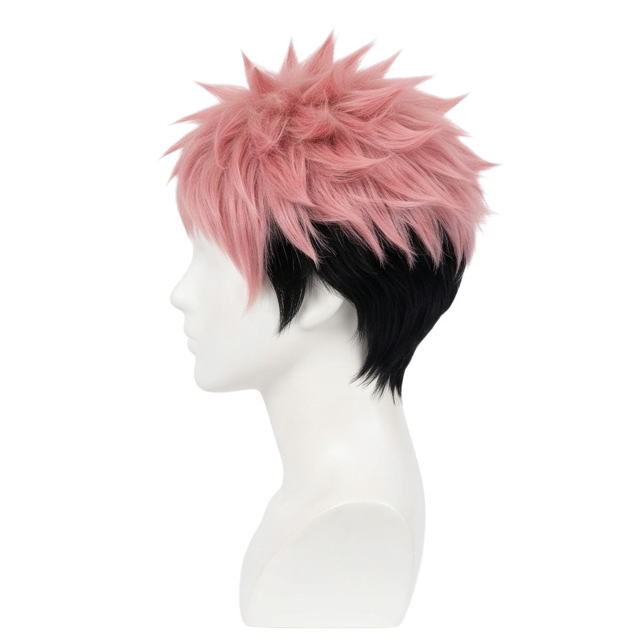 Side view of Yuji Itadori basic cosplay wig with pink and black synthetic fibers