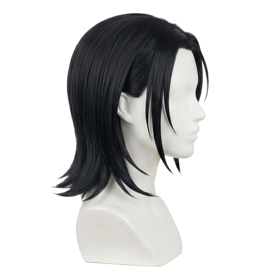 Side view of Yuka Okkotsu black cosplay wig with long synthetic fibers