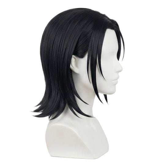 Side view of Yuka Okkotsu black cosplay wig with long synthetic fibers