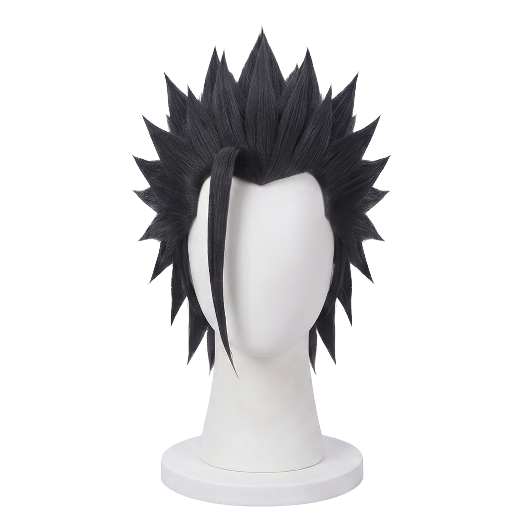 Zack Fair cosplay wig from Final Fantasy VII featuring a handcrafted black spiky anime hairstyle with layered upward spikes, textured bangs, and SOLDIER character styling