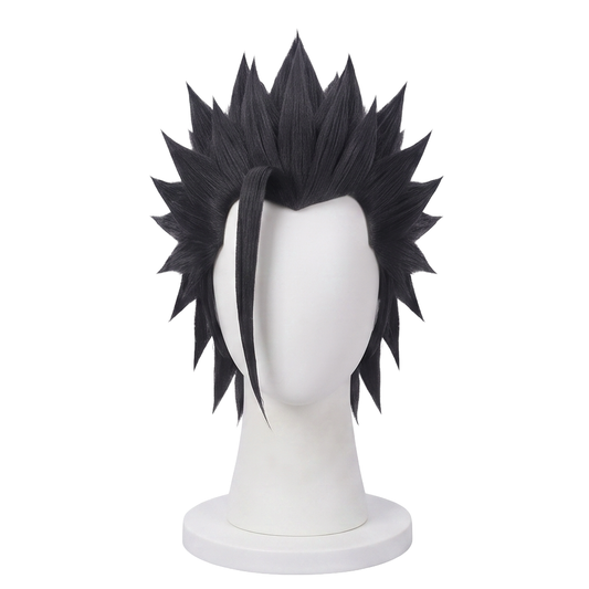 Zack Fair cosplay wig from Final Fantasy VII featuring a handcrafted black spiky anime hairstyle with layered upward spikes, textured bangs, and SOLDIER character styling