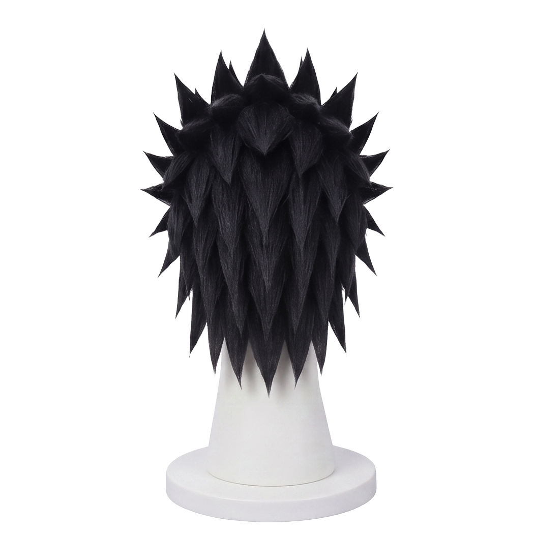 Back view of Zack Fair cosplay wig featuring textured black spiky layers, structured anime styling, and the iconic Final Fantasy VII character hairstyle shape