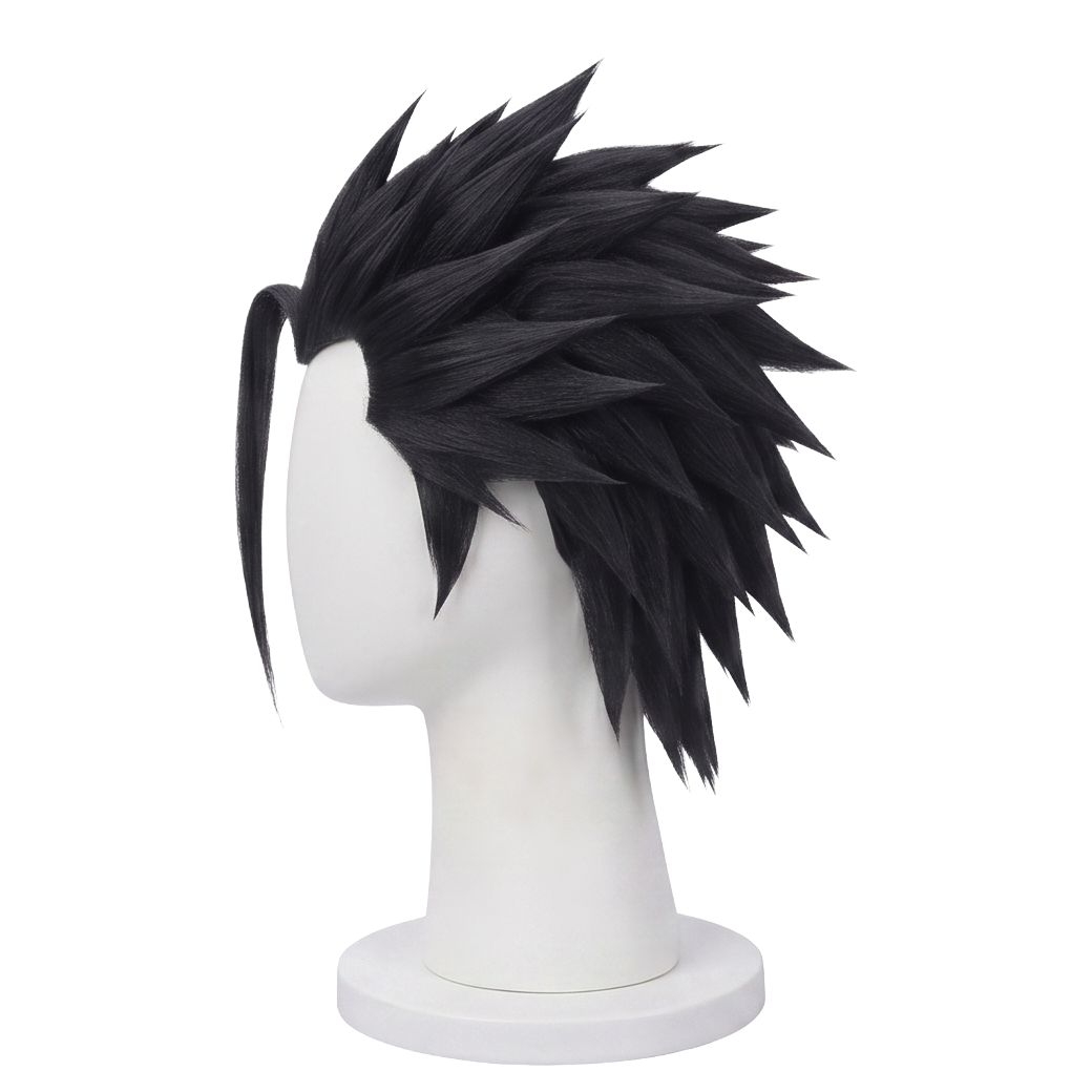 Left side view of Zack Fair wig showing sharp black hair spikes, layered anime texture, face-framing strands, and professionally styled Final Fantasy cosplay wig details