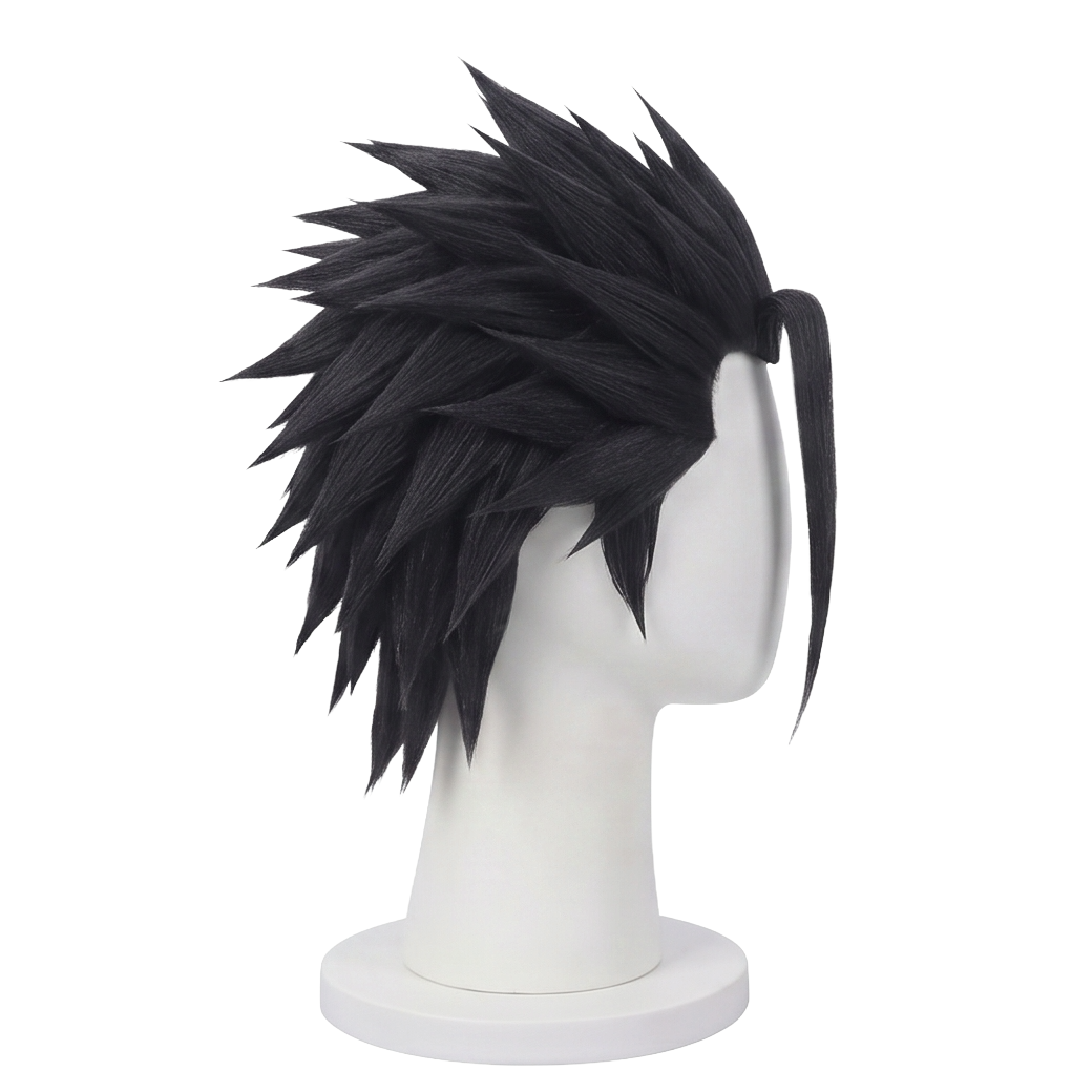 Right side view of Zack Fair wig featuring structured black spikes, smooth synthetic fibers, angled layers, and the signature SOLDIER hairstyle silhouette