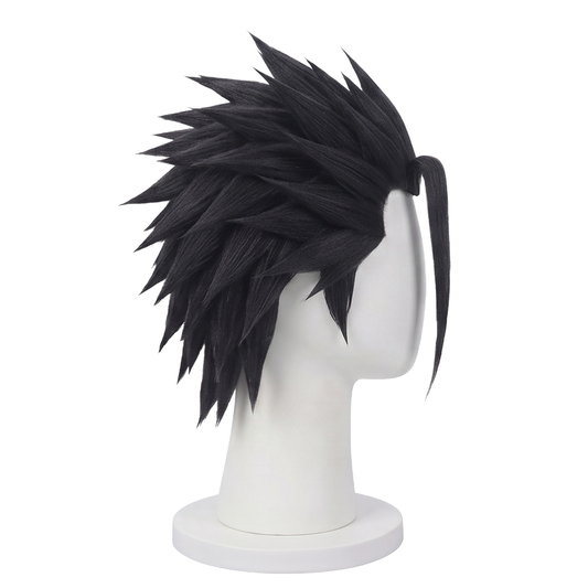 Right side view of Zack Fair wig featuring structured black spikes, smooth synthetic fibers, angled layers, and the signature SOLDIER hairstyle silhouette