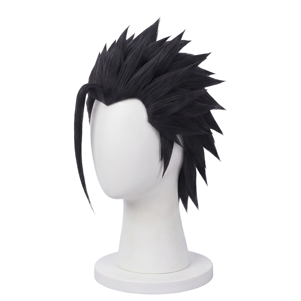 3/4 view of Zack Fair cosplay wig displaying dynamic black spiky hair, high-volume layered styling, and handcrafted Final Fantasy VII character hairstyle design