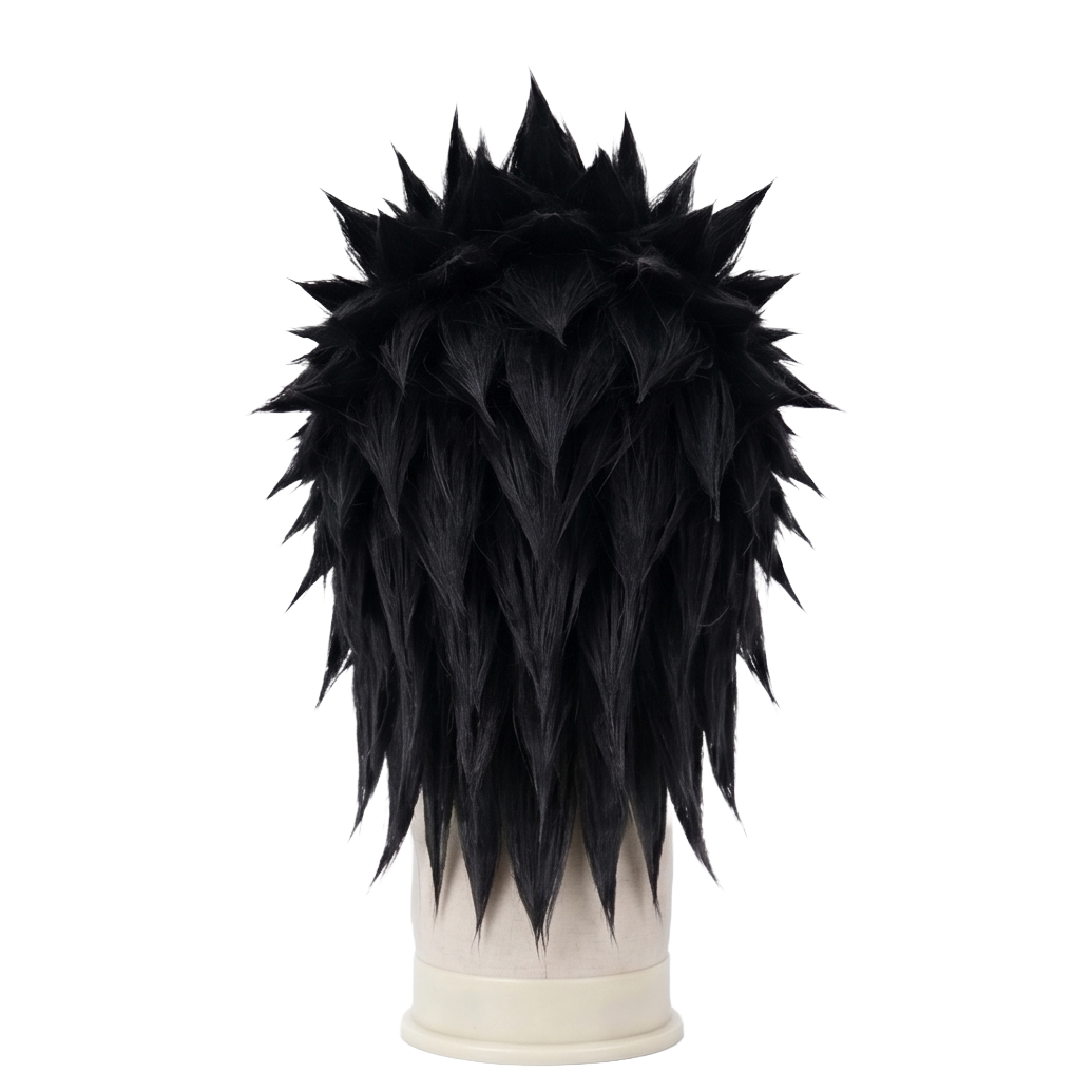 Back view of short spiky Zack Fair cosplay wig with unstyled fibers