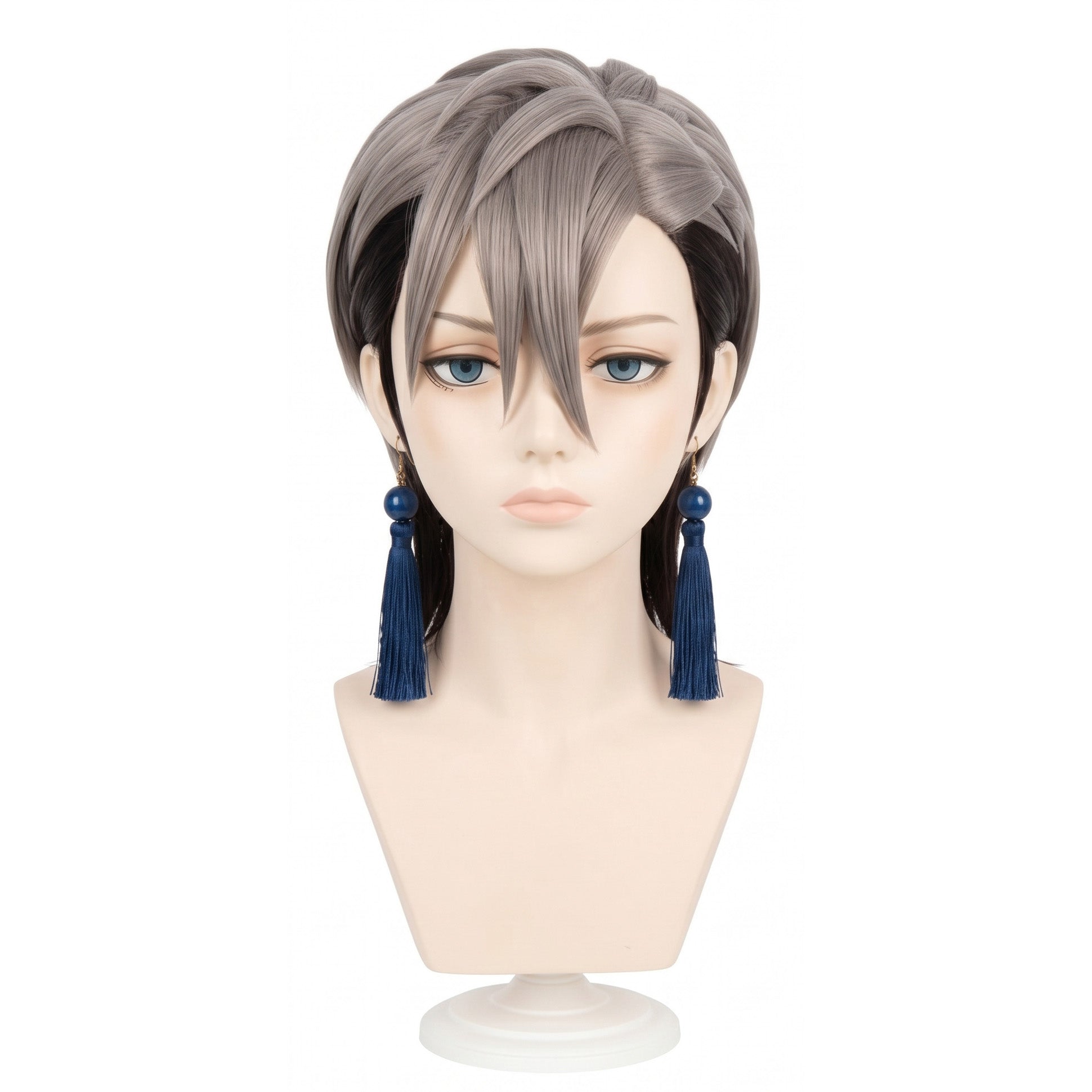 Front view of Zanka Nijiku cosplay wig with slicked-back mullet style