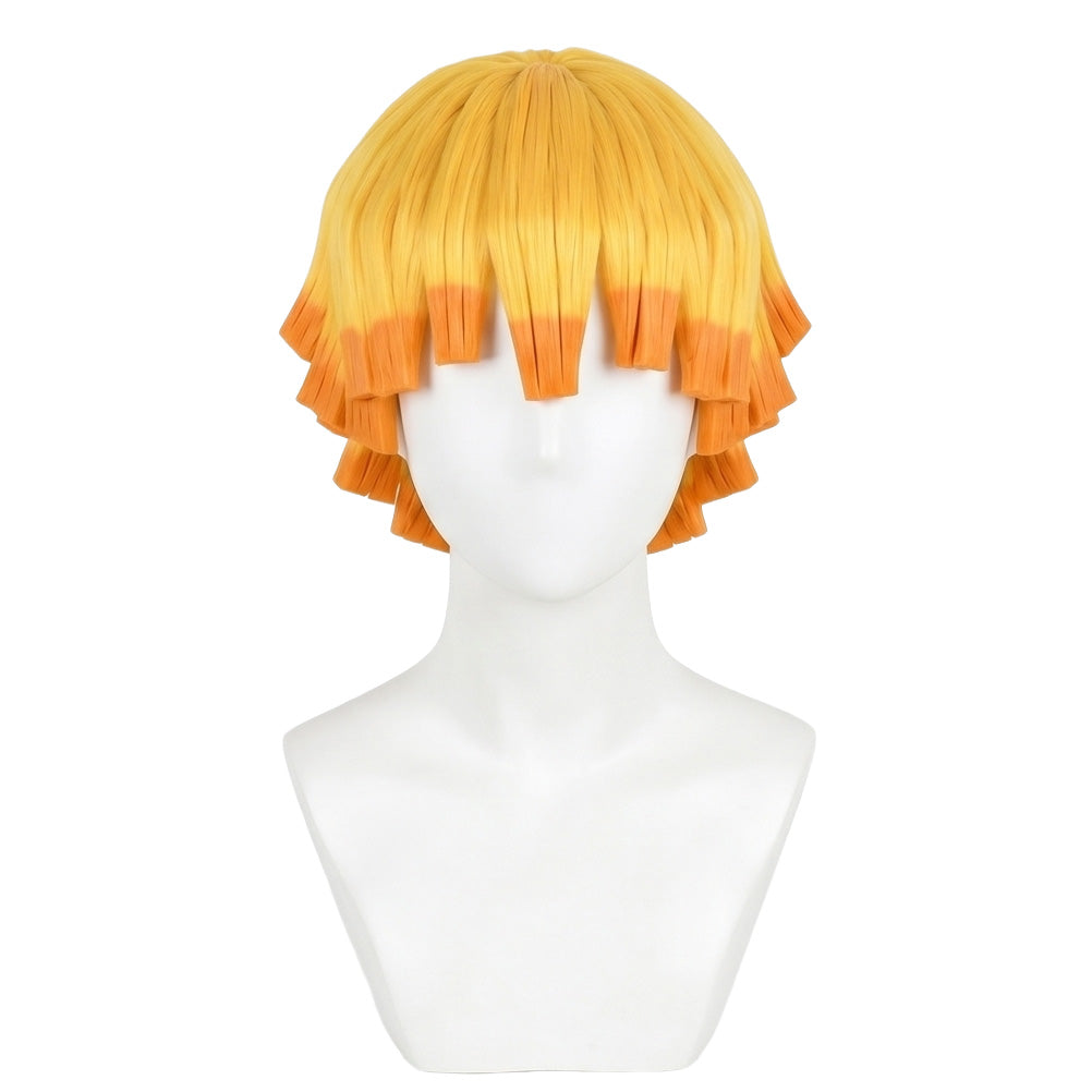 Front view of Zenitsu Agatsuma cosplay wig with uneven yellow bangs and orange tips