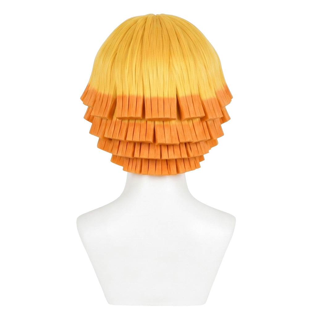 Back view of Demon Slayer Zenitsu wig with short, layered gradient hair