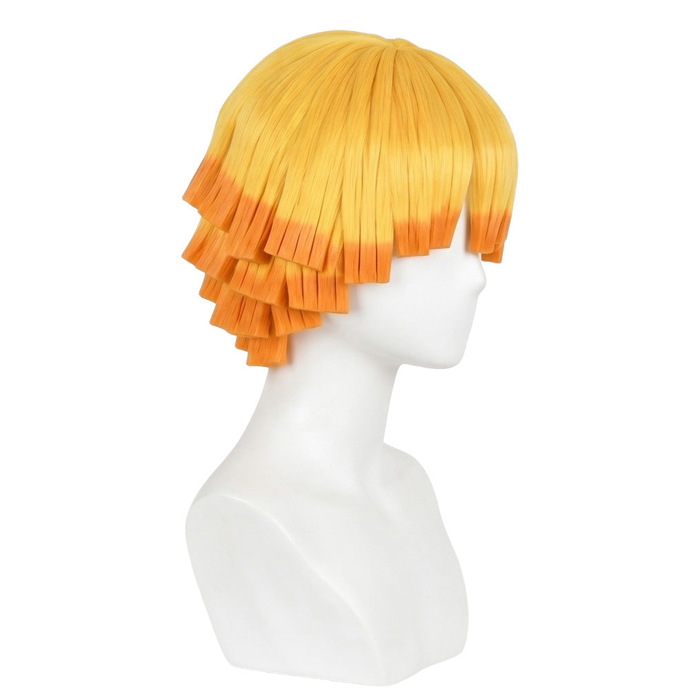 Zenitsu Agatsuma cosplay wig displayed on mannequin with bowl-cut silhouette
