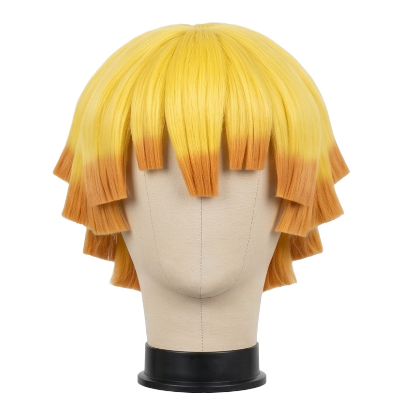 Zenitsu cosplay wig on mannequin for trimming and styling reference