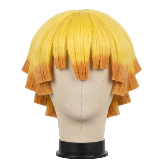 Zenitsu cosplay wig on mannequin for trimming and styling reference