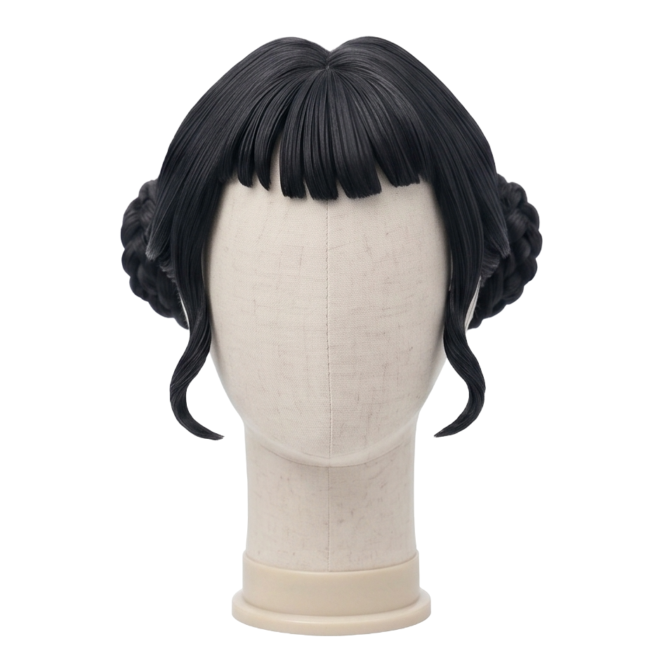Zoey cosplay wig from KPop Demon Hunters featuring handcrafted black twin braided space buns, short micro-bangs, and long side fringe locks