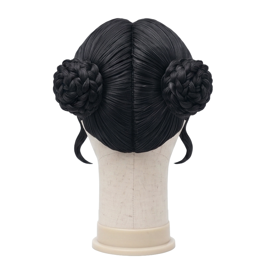 Back view of Zoey cosplay wig featuring twin black braided space buns, detailed braided texture, and the signature KPop Demon Hunters hairstyle