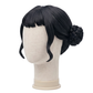 Right side view of Zoey wig from KPop Demon Hunters featuring a structured black braided space bun, micro-bangs, and face-framing fringe