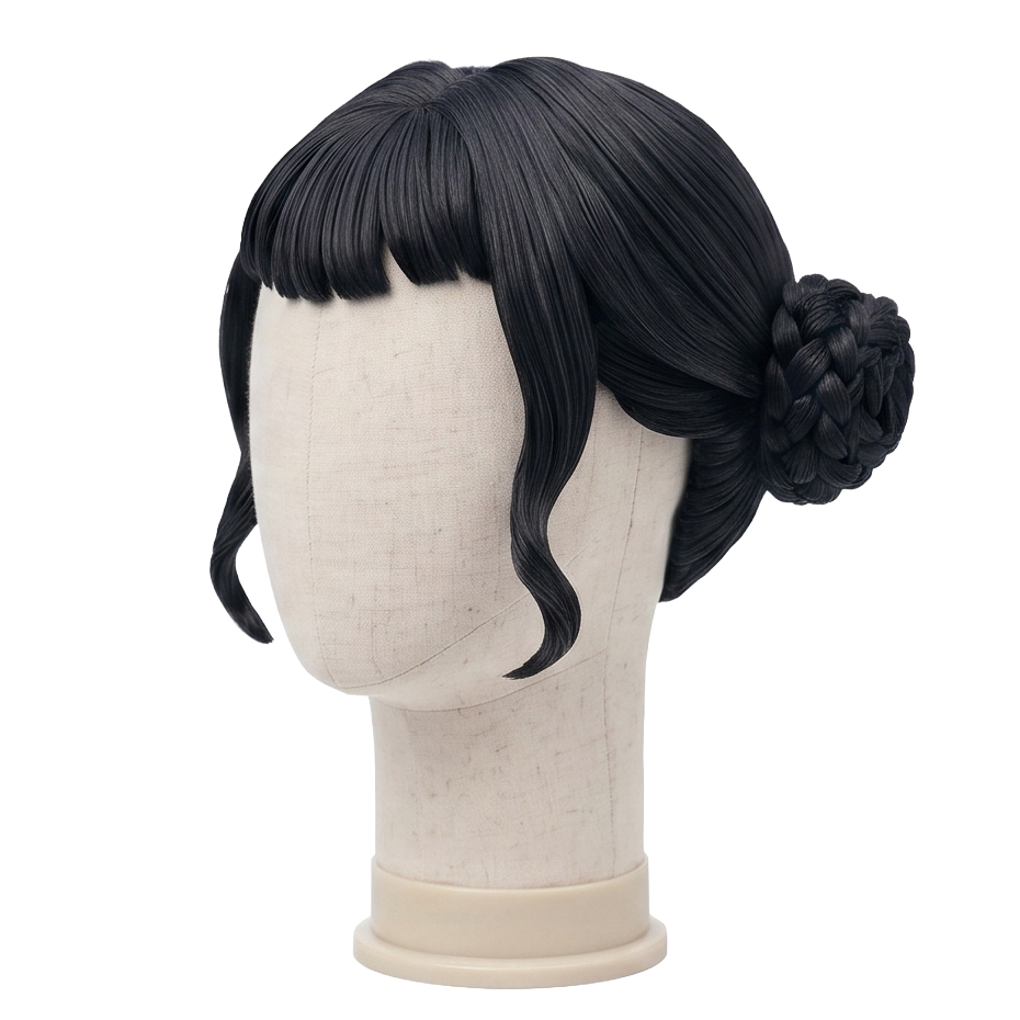 Right side view of Zoey wig from KPop Demon Hunters featuring a structured black braided space bun, micro-bangs, and face-framing fringe