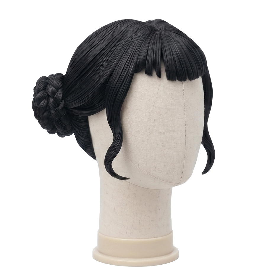 3/4 view of Zoey cosplay wig displaying black twin braided buns, short micro-bangs, layered side fringe, and handcrafted character styling