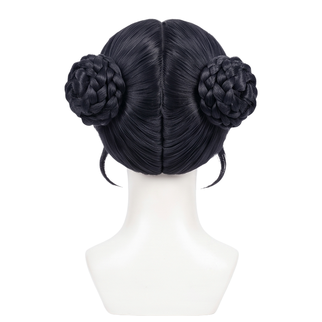 Back view of black Zoey cosplay wig with unstyled fibers