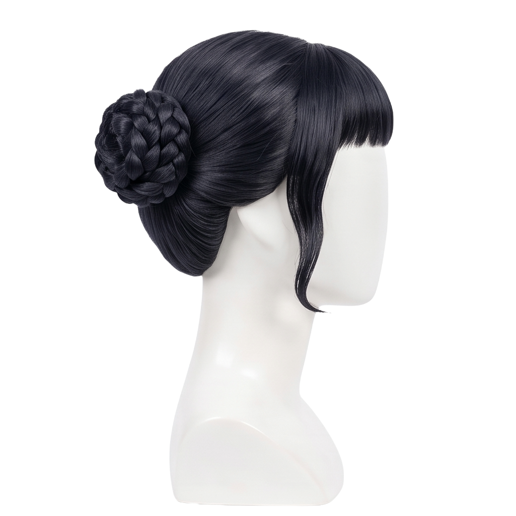 Side view of KPop Demon Hunters Zoey black basic cosplay wig