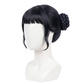 Three-quarter view of Zoey cosplay wig with twin braided space buns and fringe locks