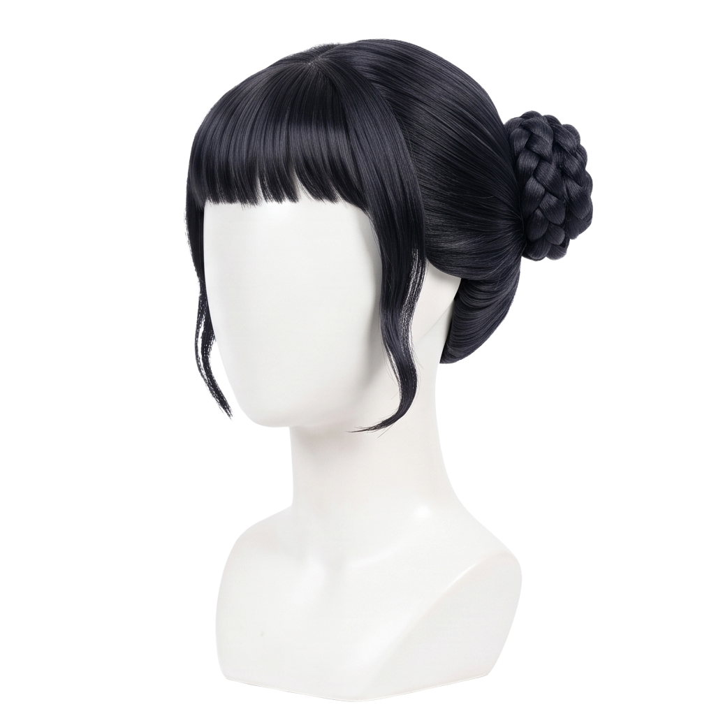 Three-quarter view of Zoey cosplay wig with twin braided space buns and fringe locks