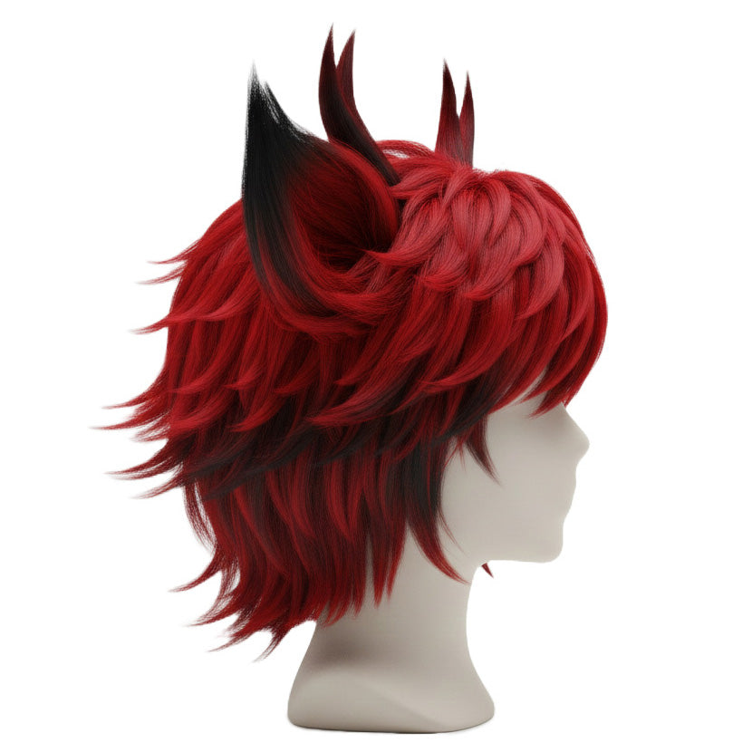 Alastor Wig Side View Showing Layered Red and Black Styling