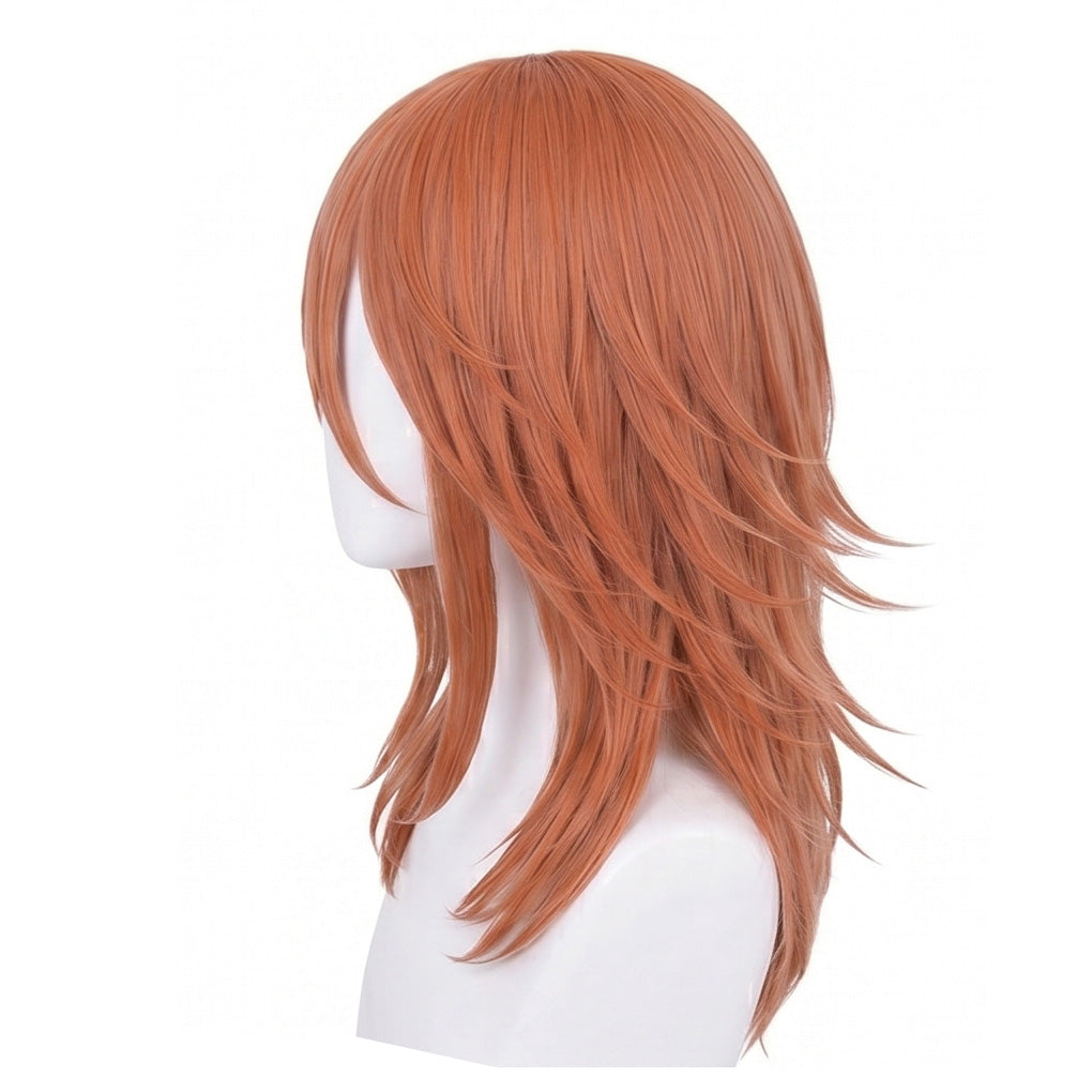 Side view of Angel Devil Chainsaw Man wig with layered orange fibers