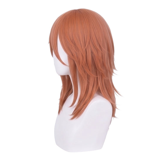 Side view of Angel Devil Chainsaw Man wig with layered orange fibers

