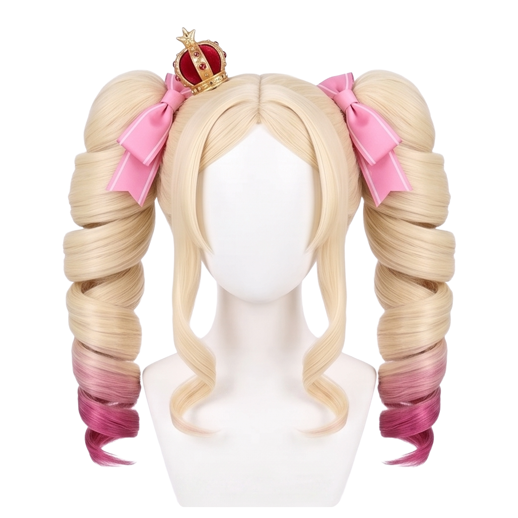Front view of Beatrice cosplay wig with pale cream blonde twin tails