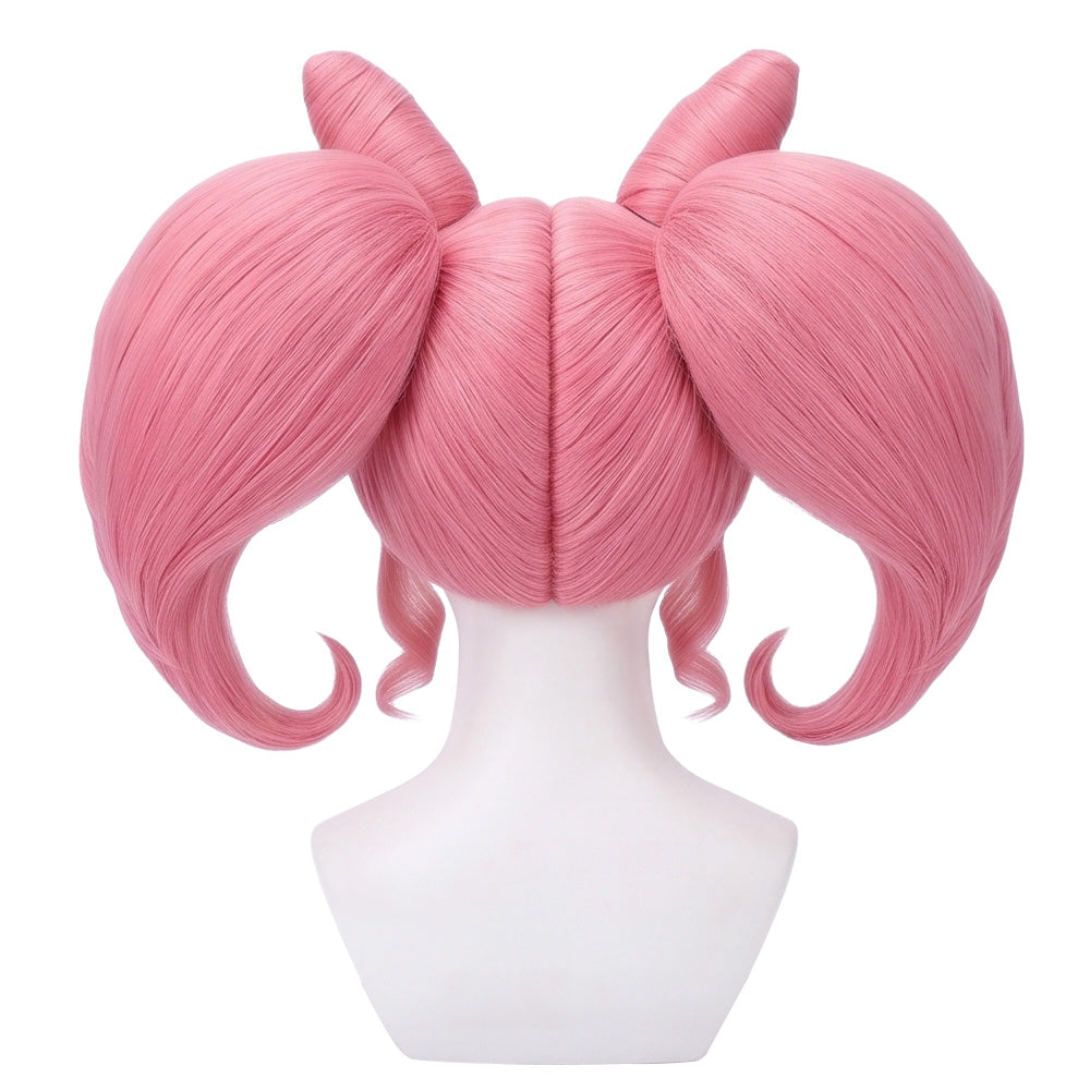 Back view of long pink Chibiusa cosplay wig with unstyled fibers
