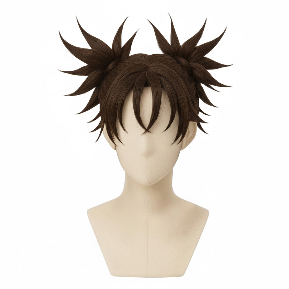 Front view of Choso cosplay wig with long dark brown hair styled into two high upward-jutting ponytails
