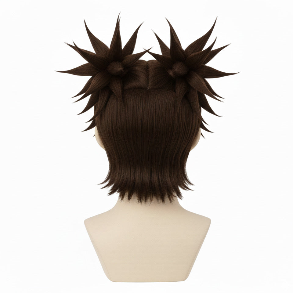Back view of Choso cosplay wig featuring long flowing dark brown fibers and symmetrical dual ponytails
