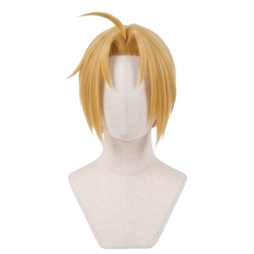 Edward Elric cosplay wig from Fullmetal Alchemist featuring handcrafted golden blonde hair with center-parted face-framing bangs and the signature upward antenna hair strand