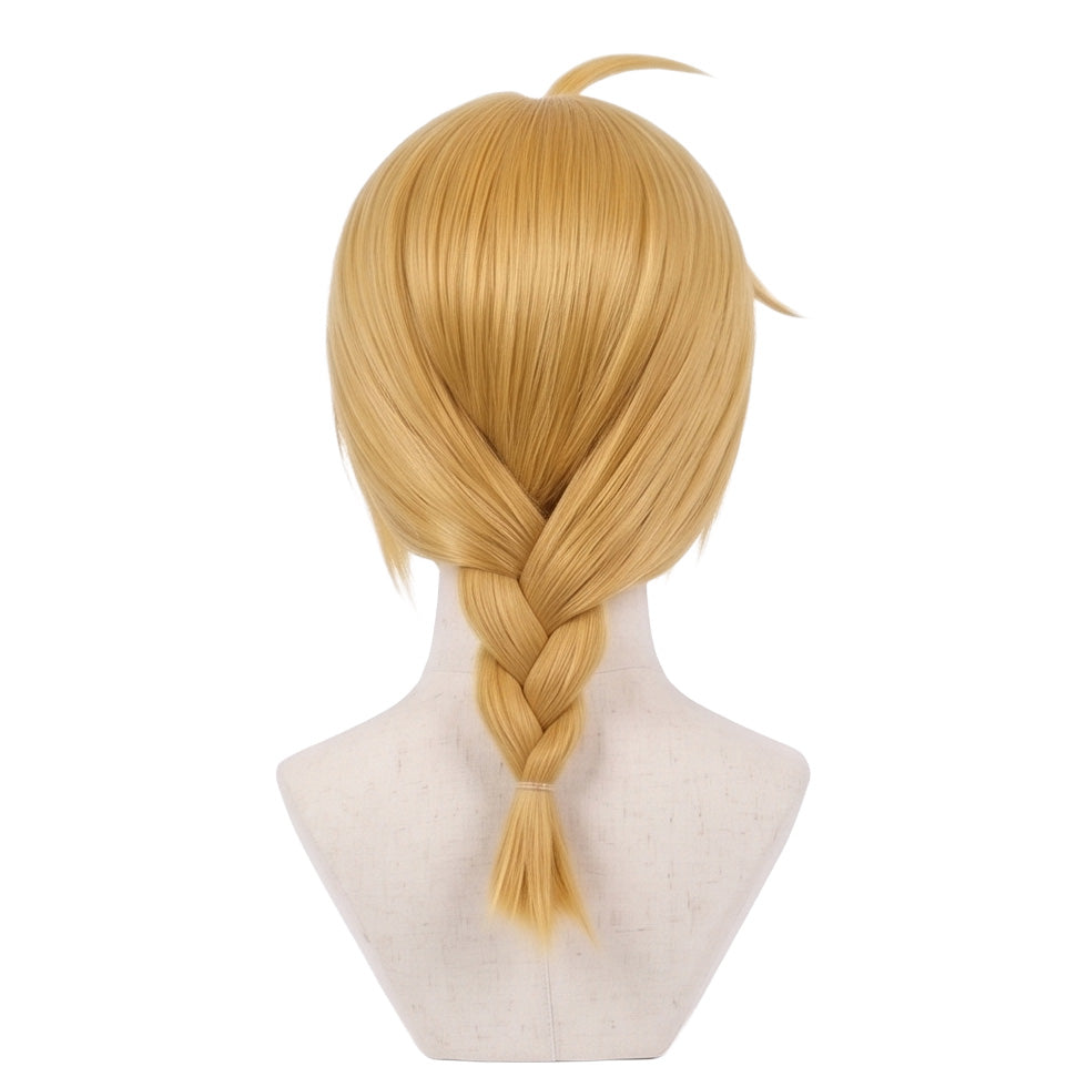 Back view of Edward Elric cosplay wig featuring long golden blonde braided hair, layered synthetic fibers, and the signature Fullmetal Alchemist character hairstyle