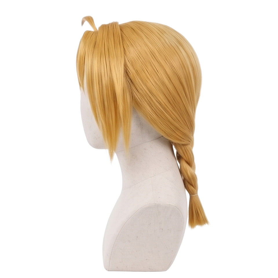 Left side view of Edward Elric wig showing long golden blonde hair, shoulder-length braid detail, layered side bangs, and professionally styled Fullmetal Alchemist cosplay hair