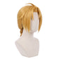 3/4 view of Edward Elric cosplay wig displaying golden blonde anime hair, face-framing bangs, shoulder-length braid, and handcrafted character styling