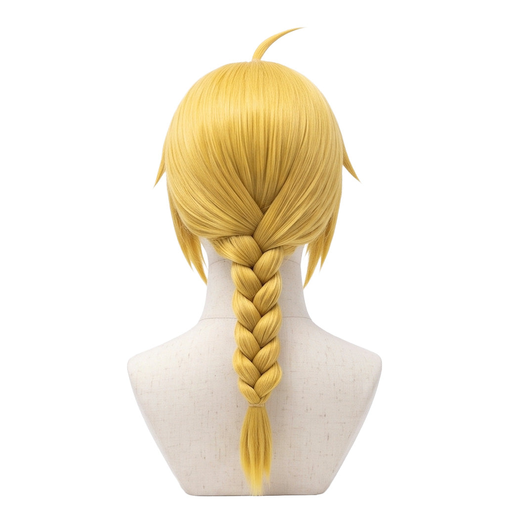 Back view of Edward Elric cosplay wig with long blonde fibers for braid styling