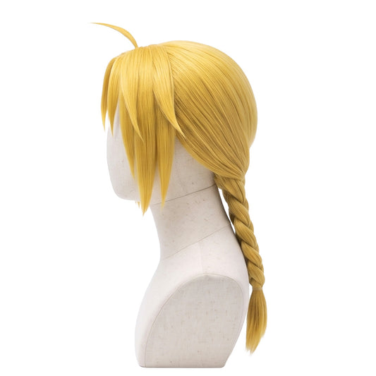 Left side view of Fullmetal Alchemist Edward Elric golden blonde cosplay wig
