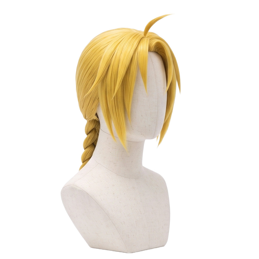 Three-quarter view of Edward Elric long blonde basic cosplay wig
