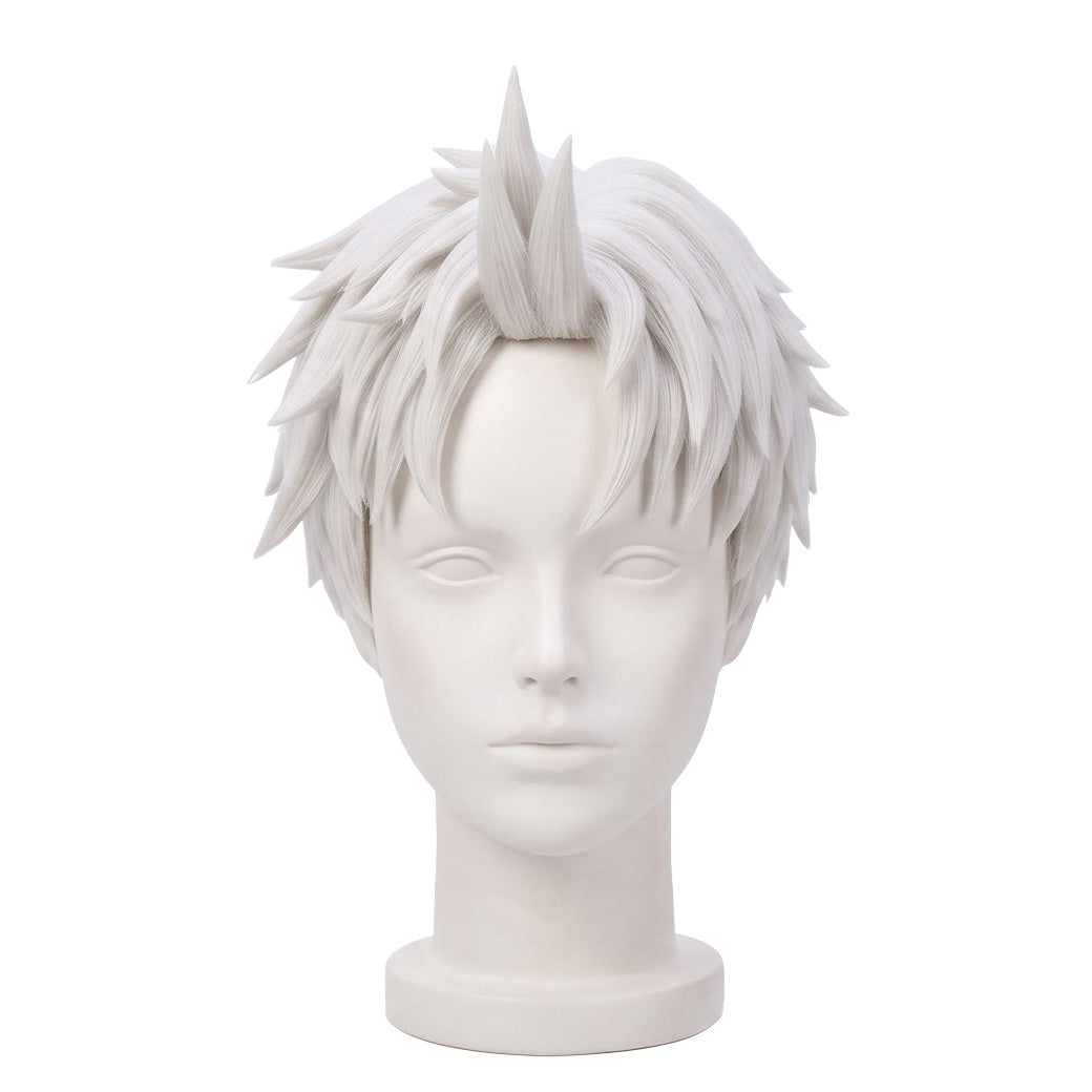Evil Eye Jiji cosplay wig from Dandadan featuring voluminous white spiky hair, layered pointed strands, dramatic crown spikes, and face-framing bangs