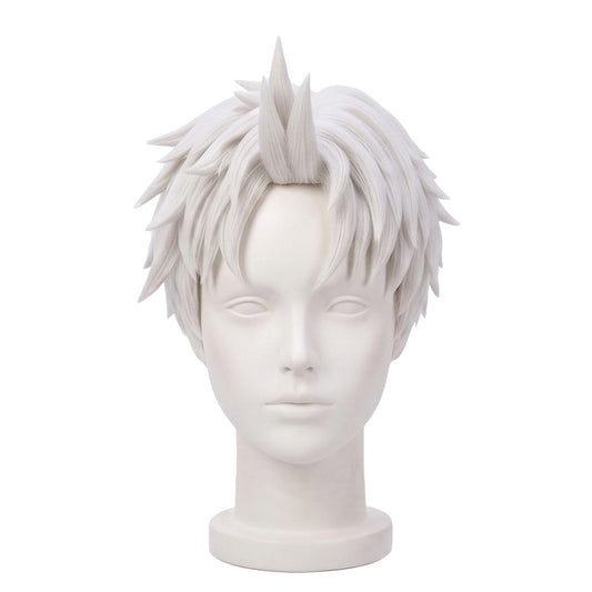 Evil Eye Jiji cosplay wig from Dandadan featuring voluminous white spiky hair, layered pointed strands, dramatic crown spikes, and face-framing bangs
