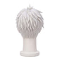 Back view of Evil Eye cosplay wig showing dense white layered spikes, textured crown styling, tapered strands, and the bold anime-inspired silhouette