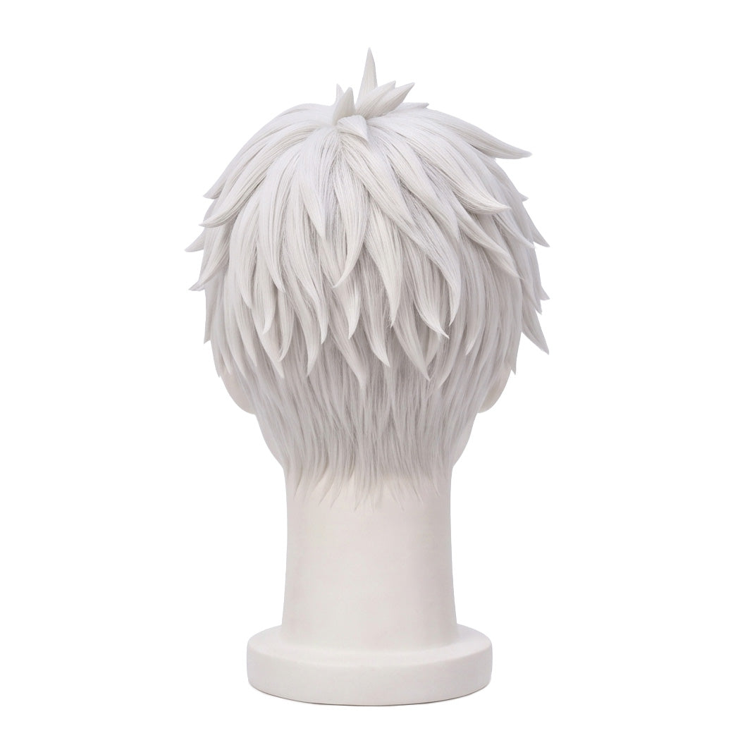 Back view of Evil Eye cosplay wig showing dense white layered spikes, textured crown styling, tapered strands, and the bold anime-inspired silhouette