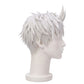Right side view of Evil Eye wig featuring sharply styled white spikes, layered sides, tapered bangs, and the distinctive Dandadan anime hairstyle